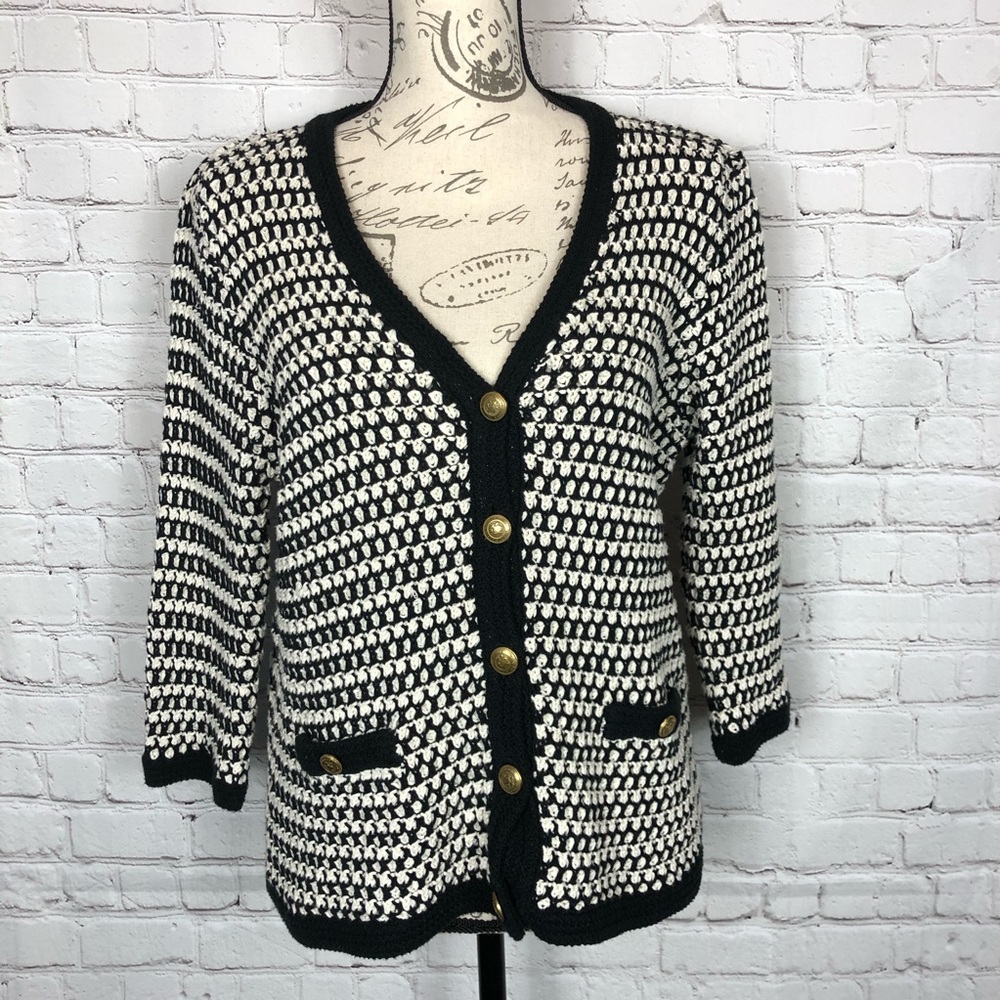 CAbi White Navy Blue Preppy Knit Cardigan Sweater